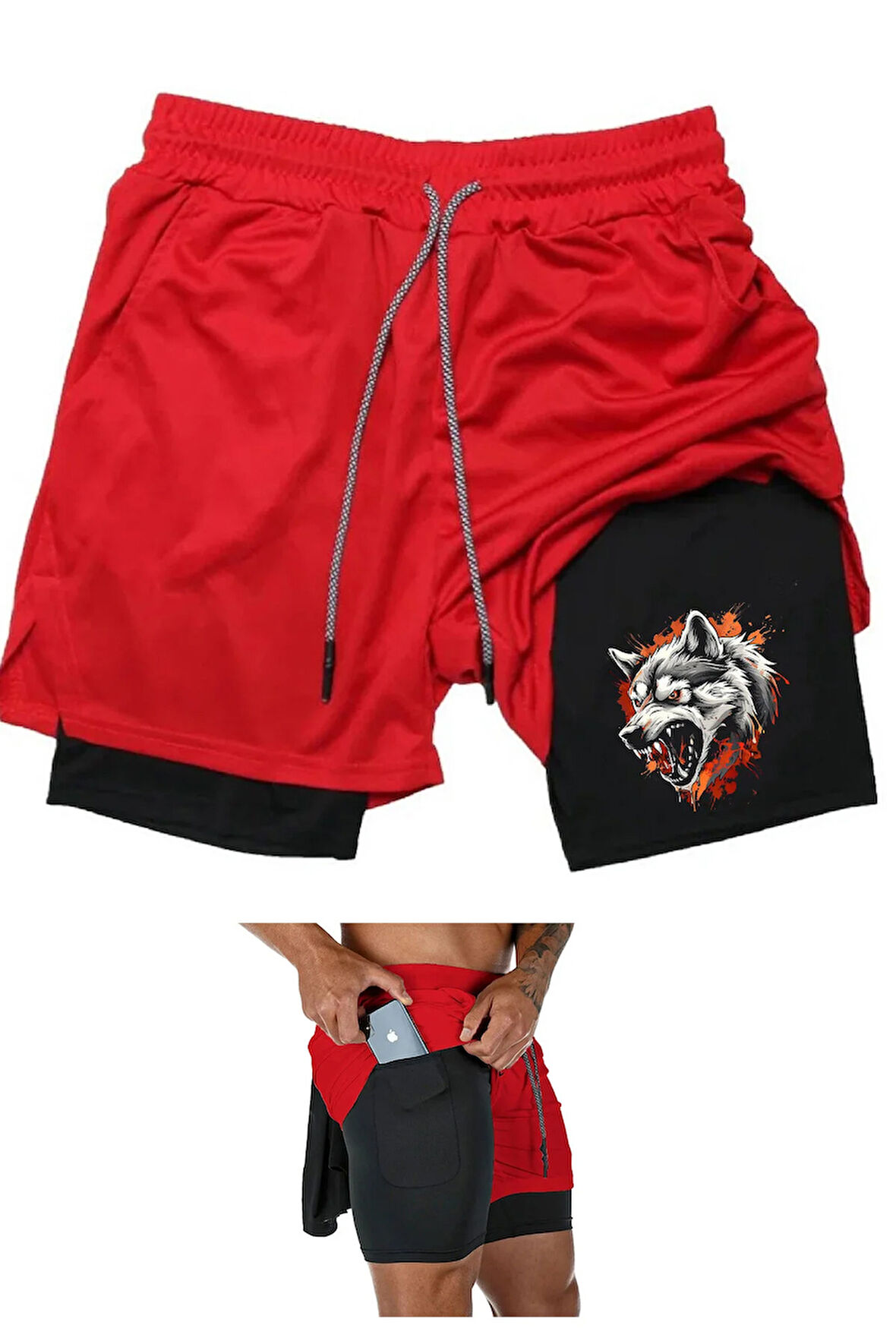 Taytlı Sporcu Şortu Kurt Baskılı Spor Şort Wolf