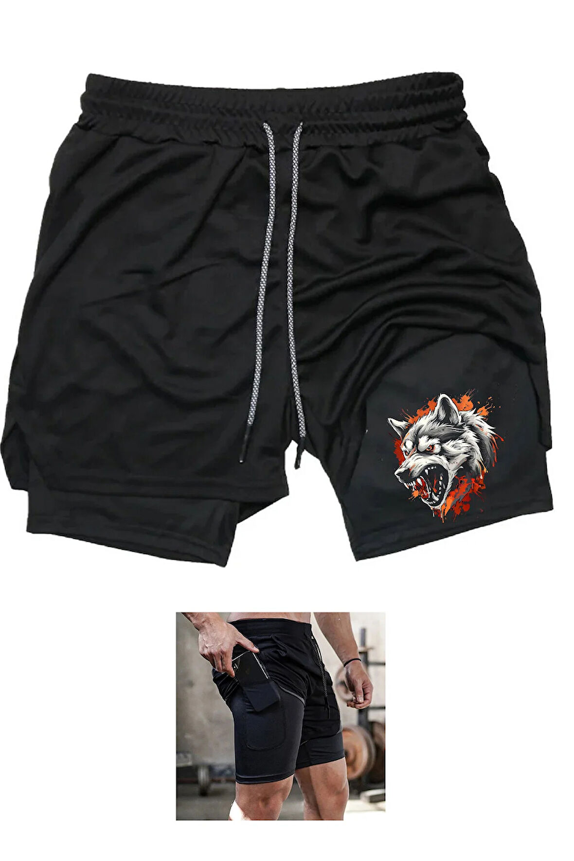 Taytlı Sporcu Şortu Kurt Baskılı Spor Şort Wolf