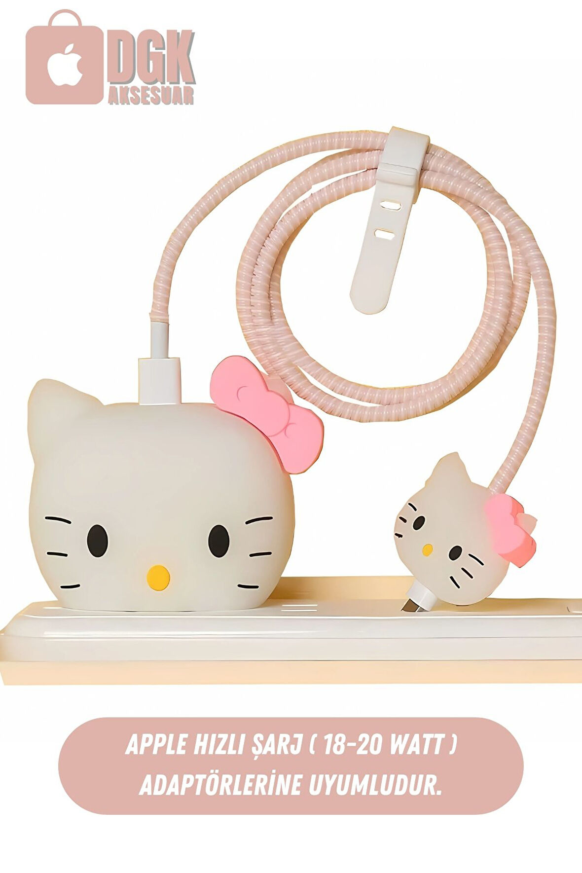 Apple 18-20 Watt Hızlı Şarj Koruyucu Başlığı ve Kablo Koruyucu Set Hello Kitty Figürlü