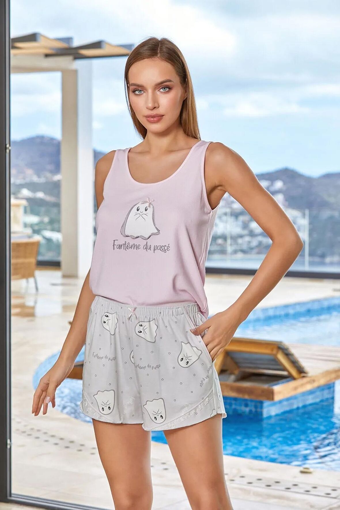 Cossy By Aqua 24502 Baskılı Pijama Pembe Şort Takım