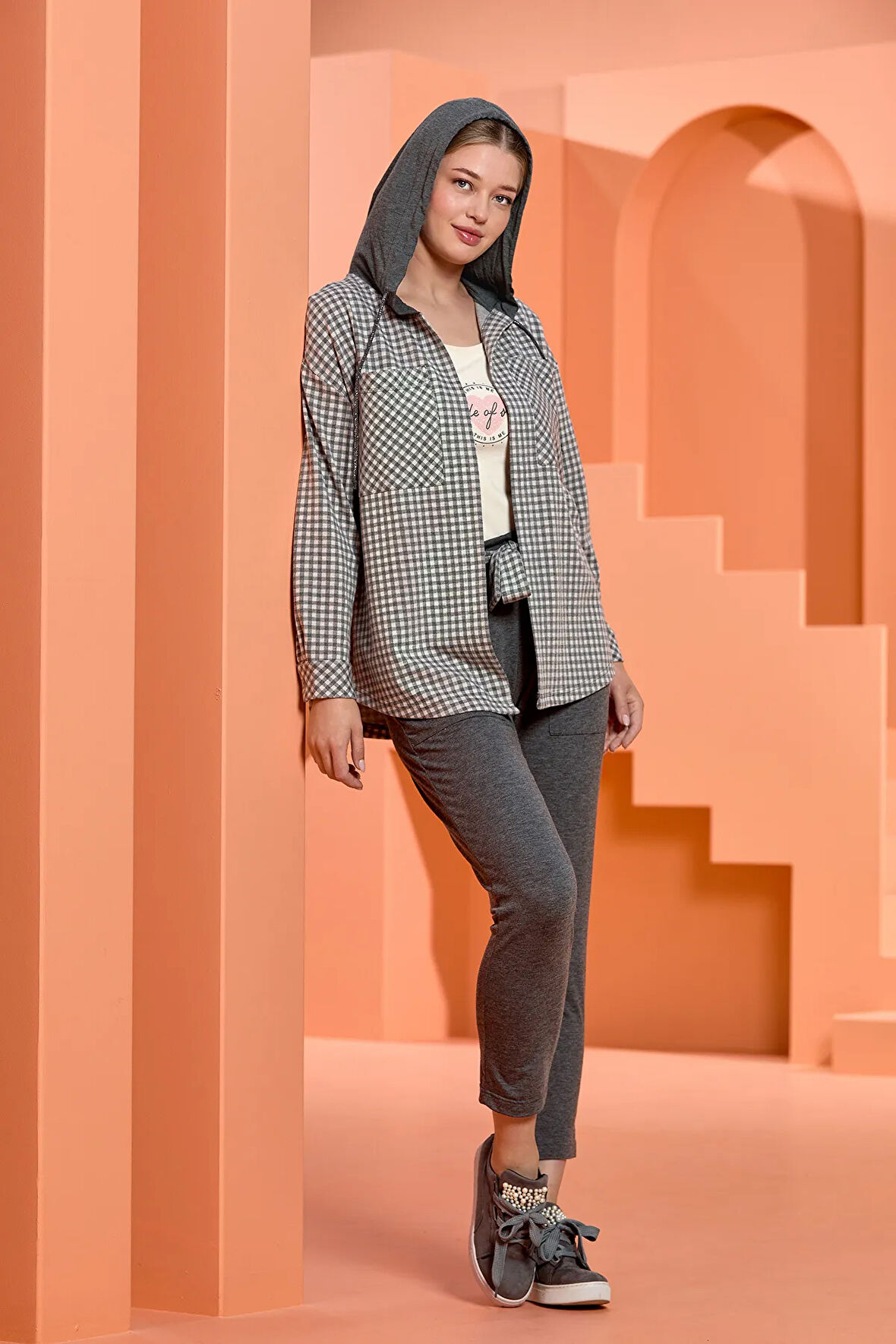 CB25060 Kadın Ekose Ekose Desen Ceketli 3'lü Pijama Takımı