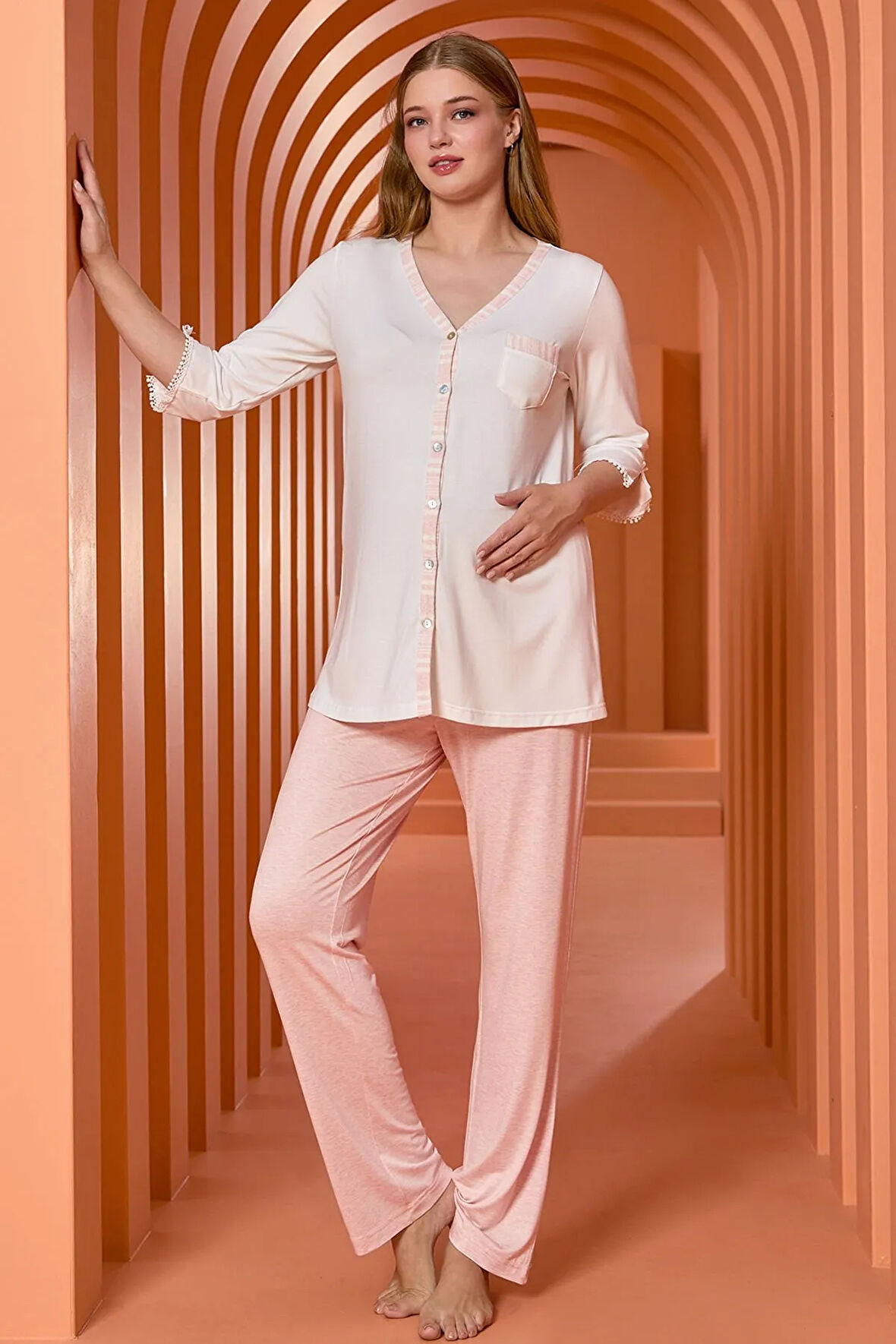 CB25146 Kadın Krem-Pembe Pijama Takım
