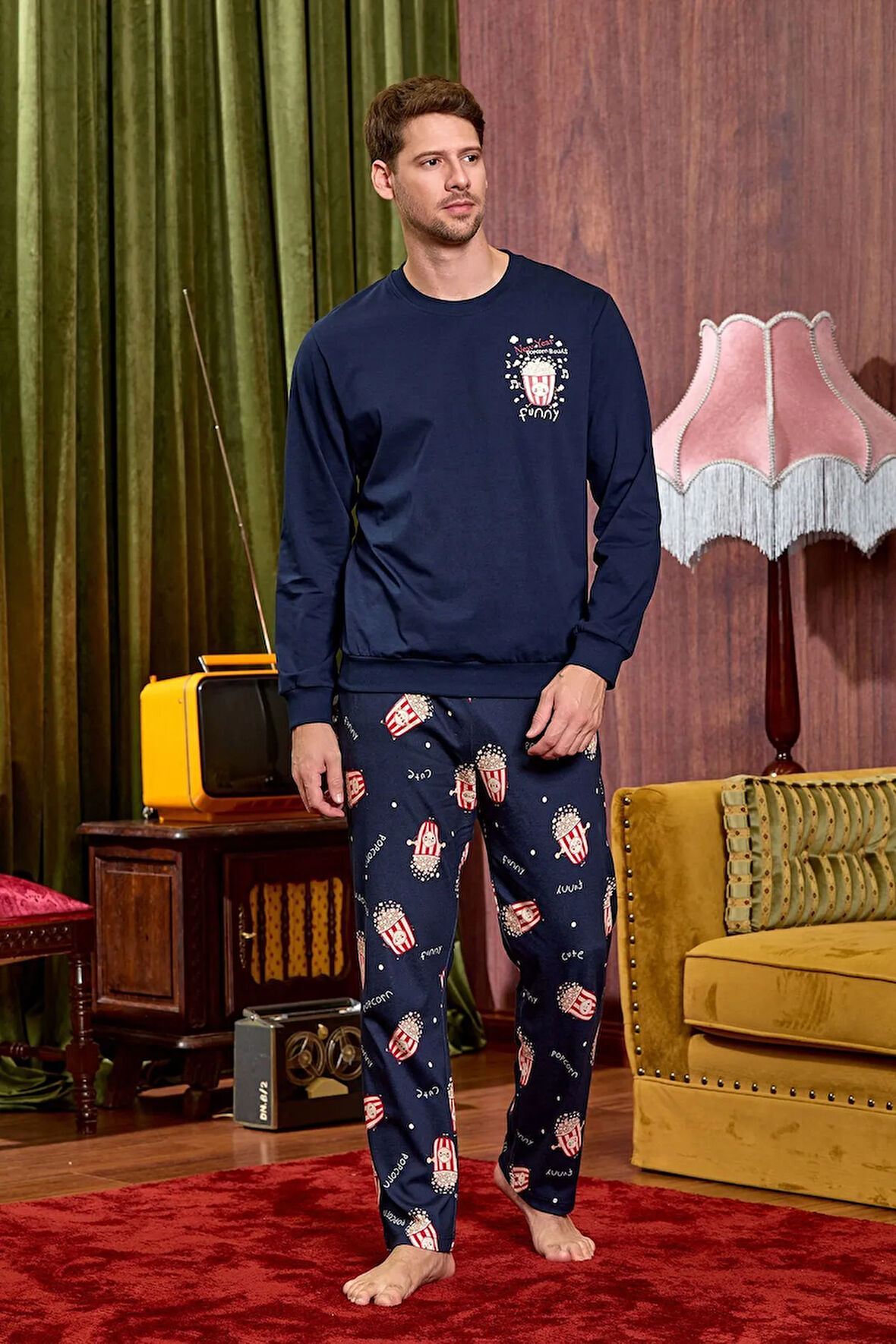 Cb25403 Erkek Lacivert Desenli Erkek Yeni Yıl Pijama Takımı