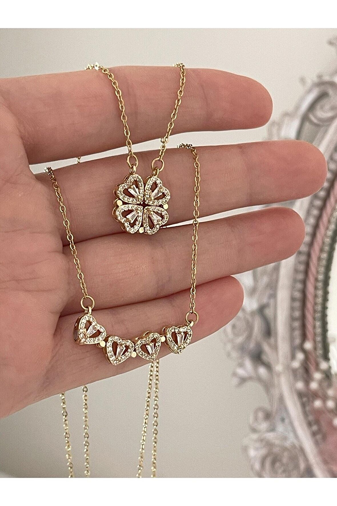 luxury steel Gold renk taşlı çelik kolye