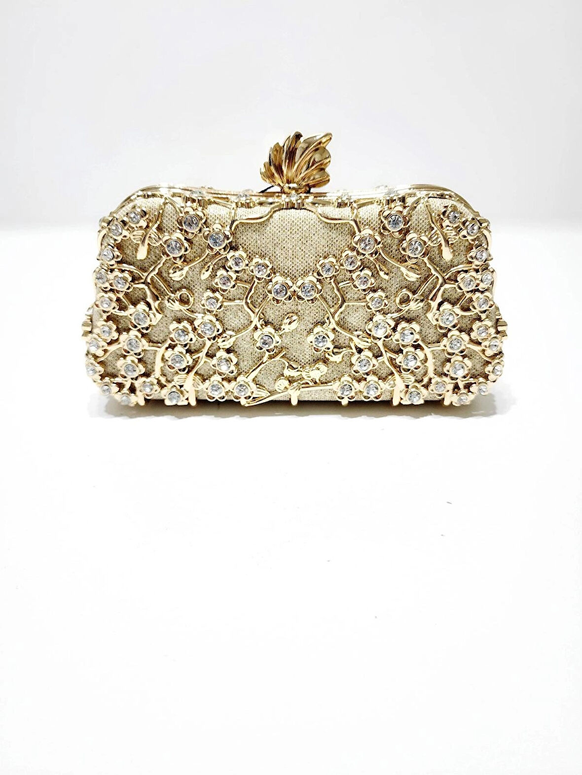 KRİSTAL TAŞ & ÇİÇEK FİGÜR METAL KASA KADIN ABİYE ÇANTA