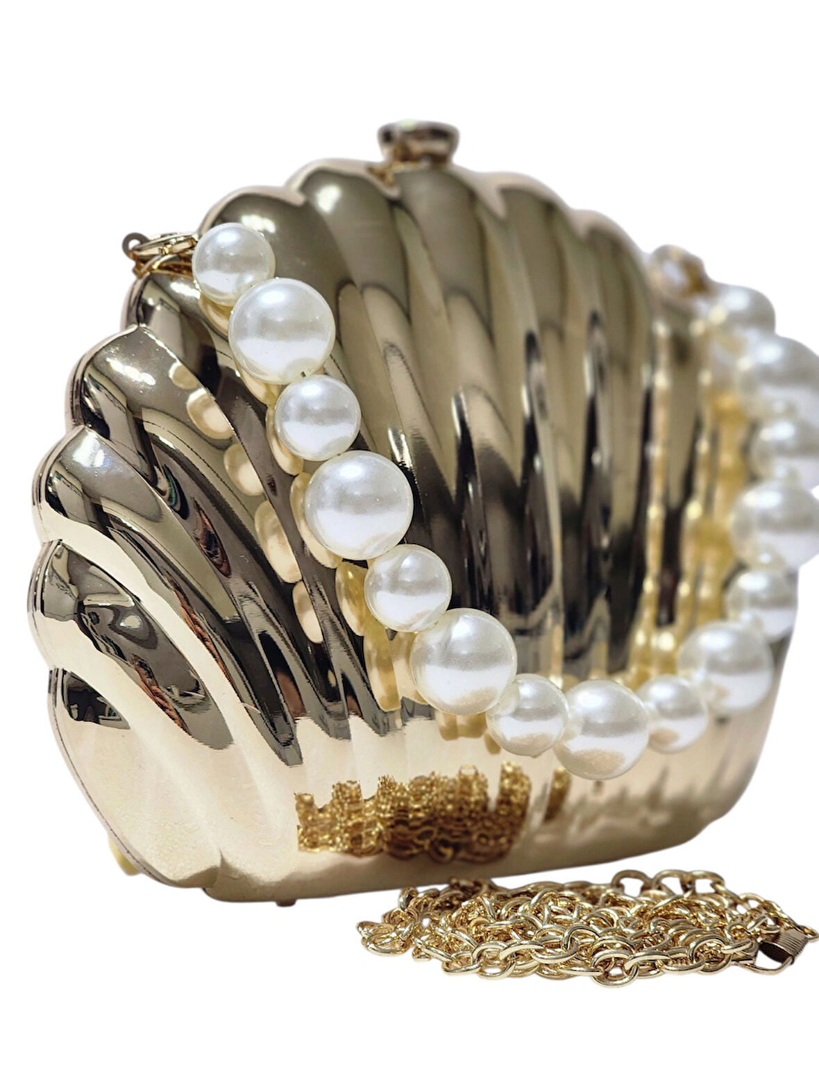 METAL KASA MİDYE KABUĞU FİGÜR MODEL İNCİ KULP DETAYLI KADIN ABİYE ÇANTA