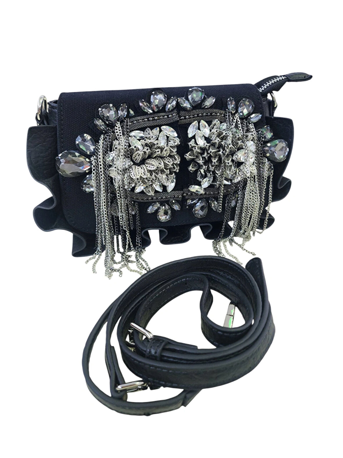 ZİNCİR-TAŞ & BONCUK DETAYLI KANVAS-SUNİ DERİ ''MİNİ BOY'' KADIN OMUZ ÇANTASI