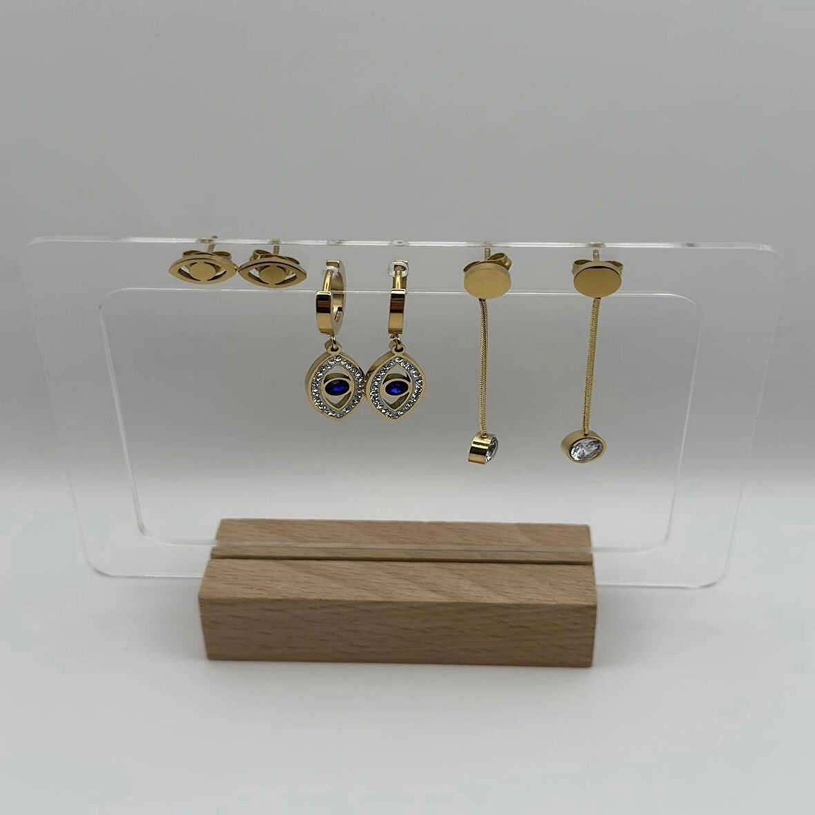 Çelik Zirkon Taşlı Nazarlı Göz Detaylı 3 Çift Set Küpe