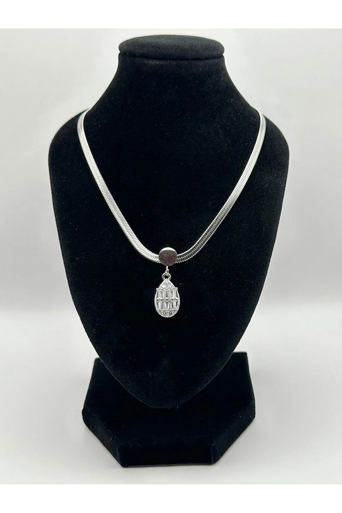 Çelik İtalyan Ezmeli Zirkon Taşlı Damla Kolye