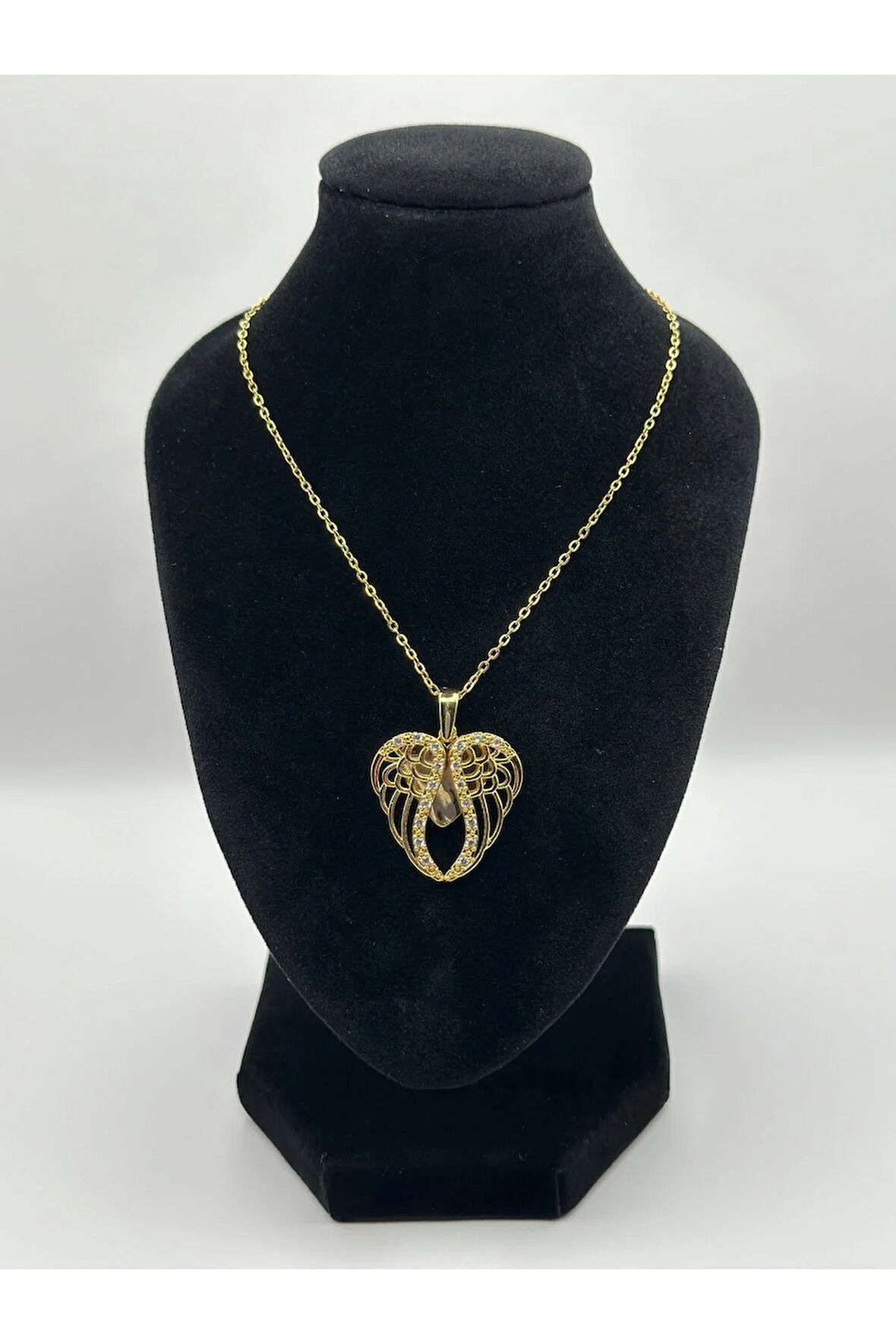 Çelik Zirkon Taşlı Melek Kanadı Kalpli Gold - Silver