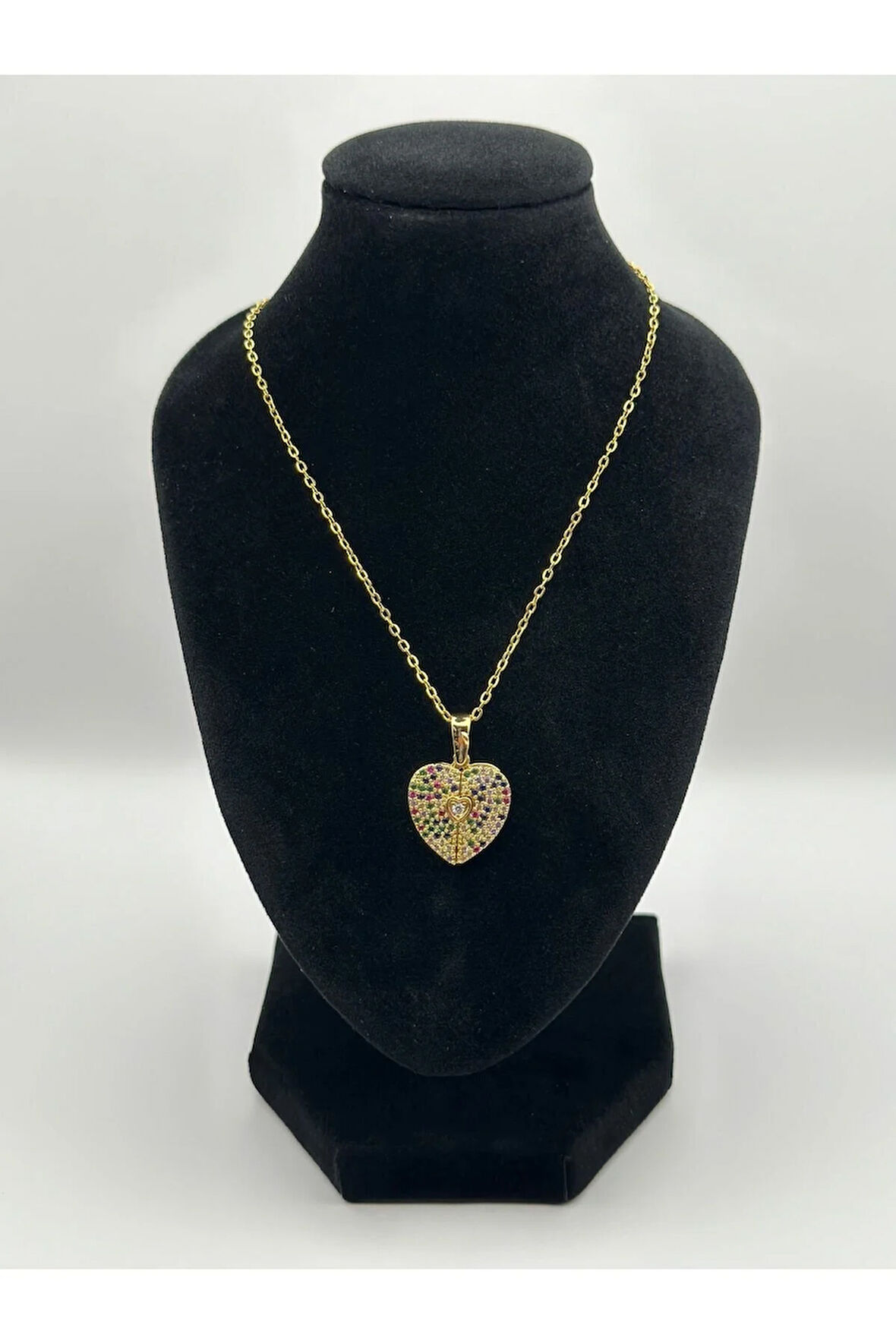 Çelik Zirkon Taşlı Kalpli Kolye Gold - Silver