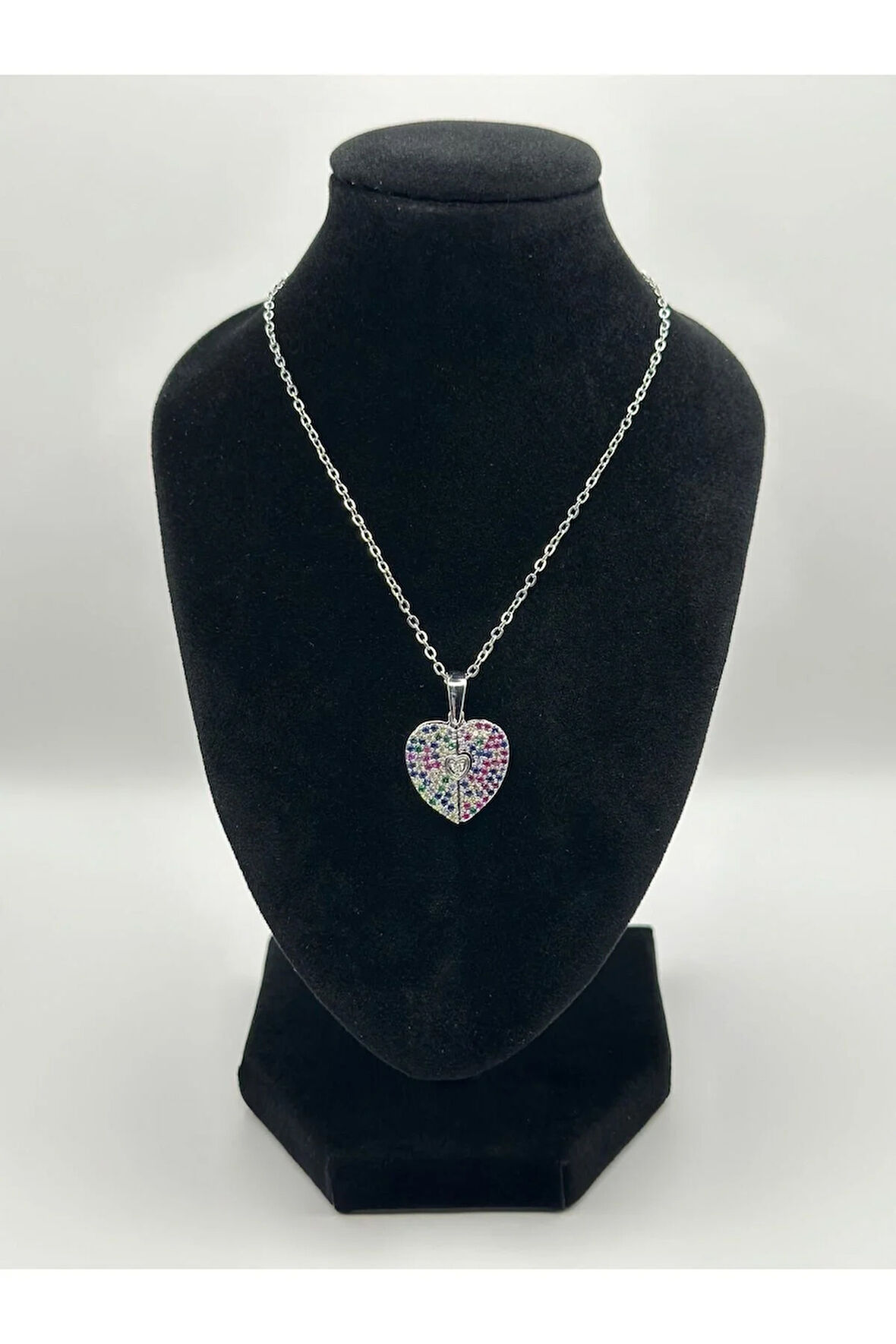 Çelik Zirkon Taşlı Kalpli Kolye Gold - Silver