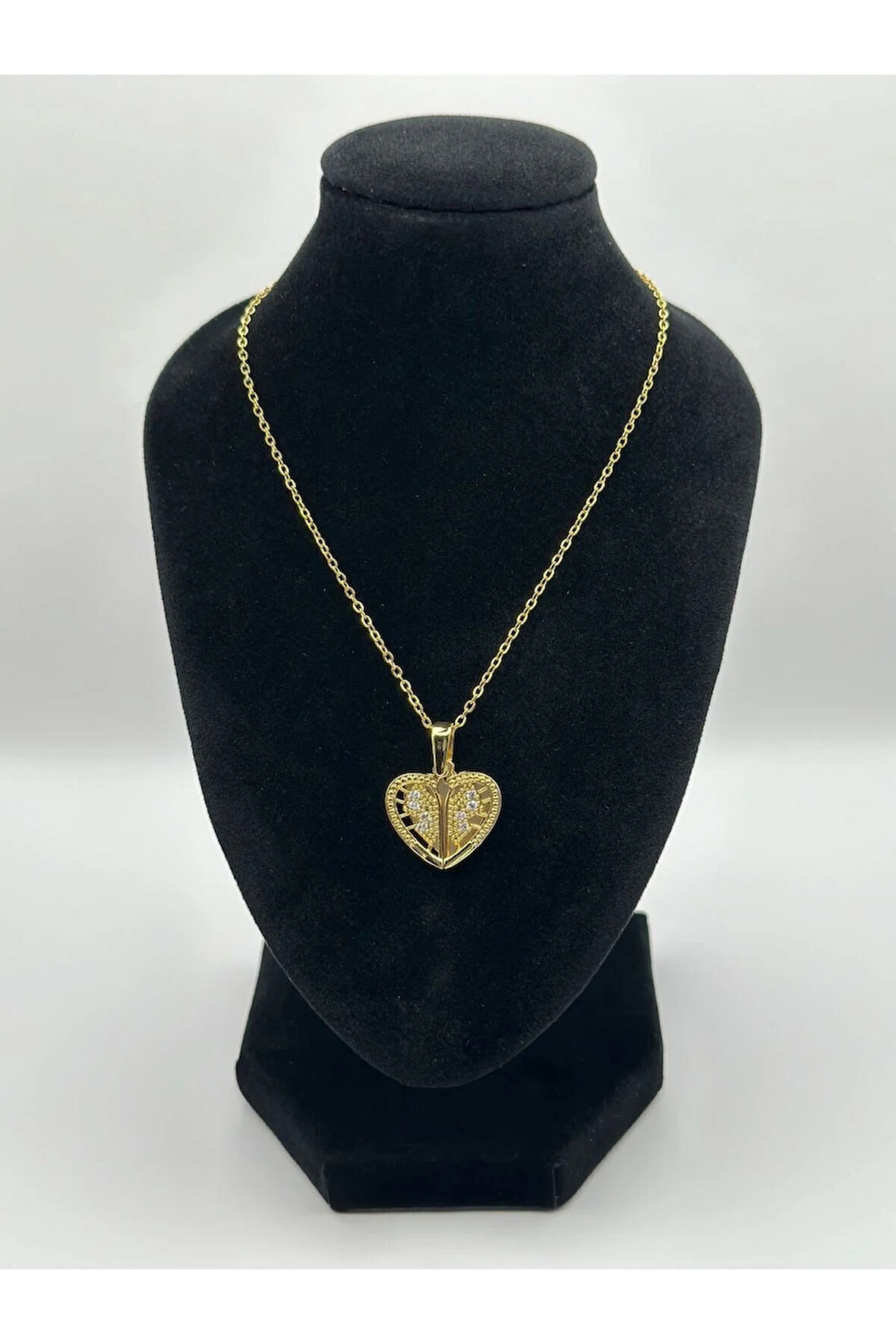 Çelik Zirkon Taşlı Kalpli Kolye Gold