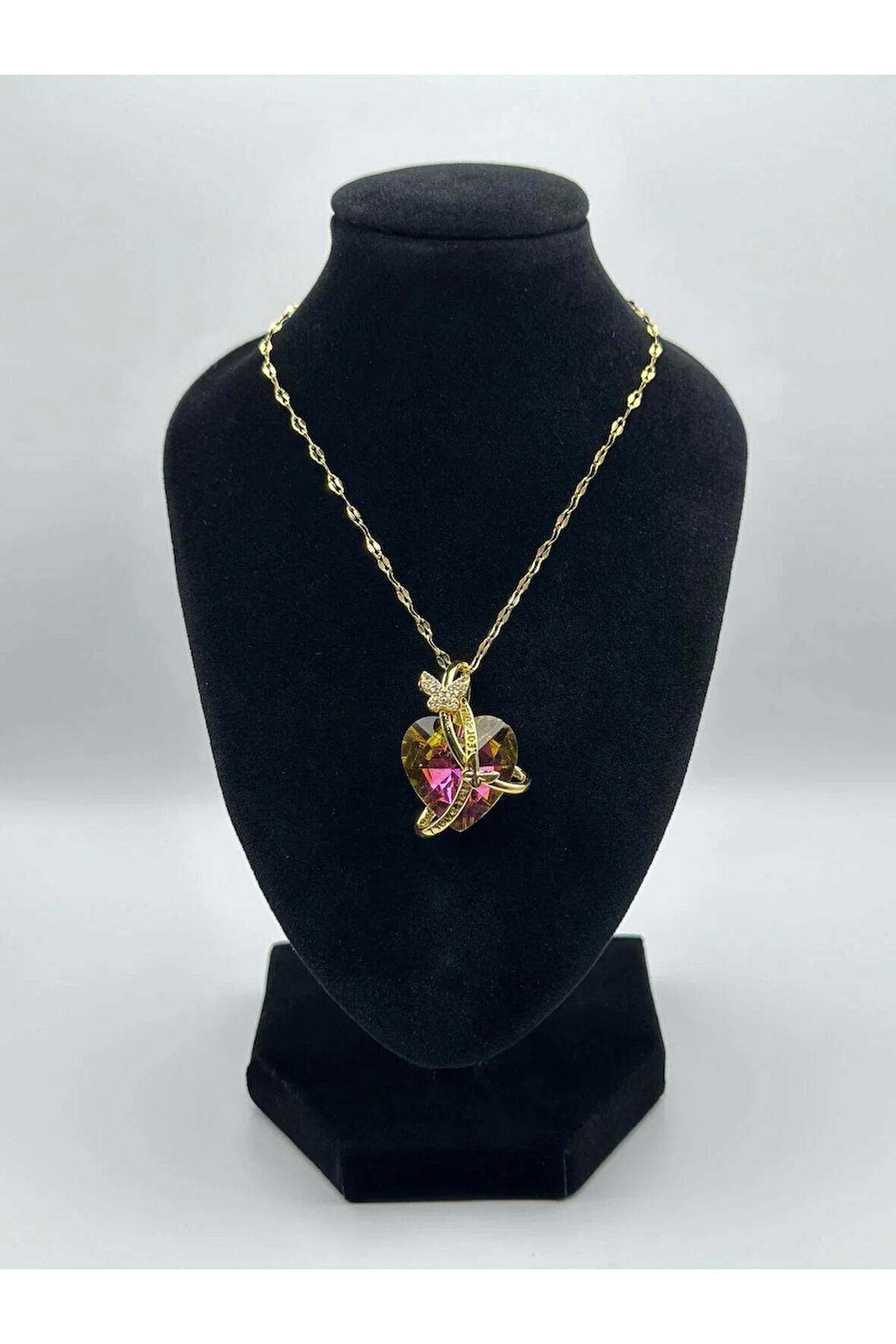 Çelik Zirkon Taşlı Kalpli Kelebekli Kolye