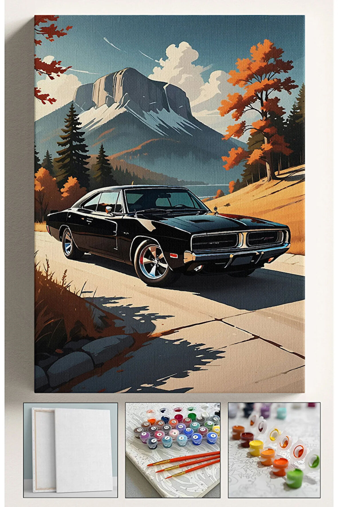 Sayılarla Boyama Hobi Seti Çerçeveli Numaralı Tuval Fırça Boya Dahil Kasnaklı ARABA 40x50 Cm
