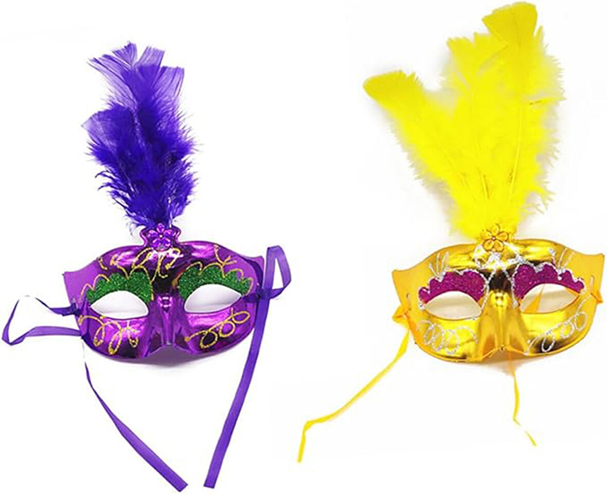 Renkli Tüylü Venedik Parti Maskesi Karışık Renk 12 Adet