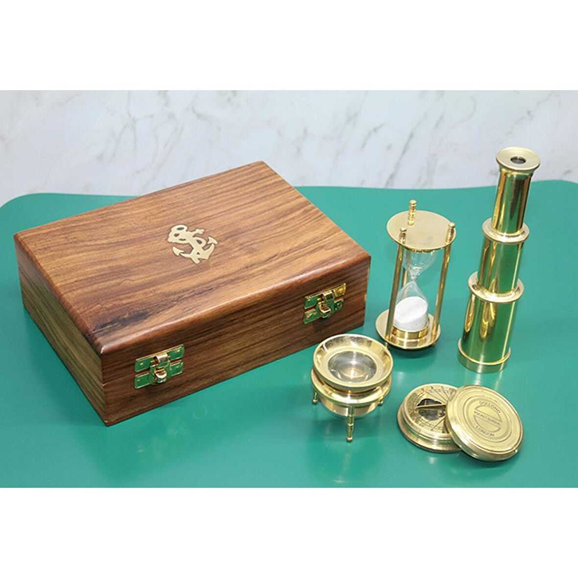 Ahşap Kutulu Dürbün Kumsaati Büyüteç Pusula Seti