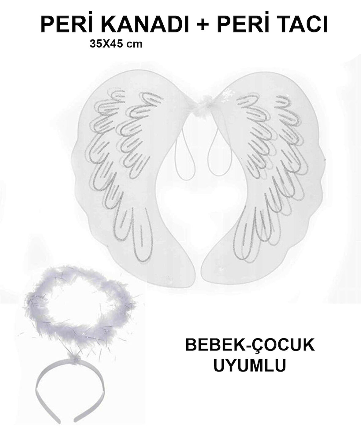 Beyaz Dantel Tüllü Peri Kanadı ve Peri Tacı Seti 45x40 cm