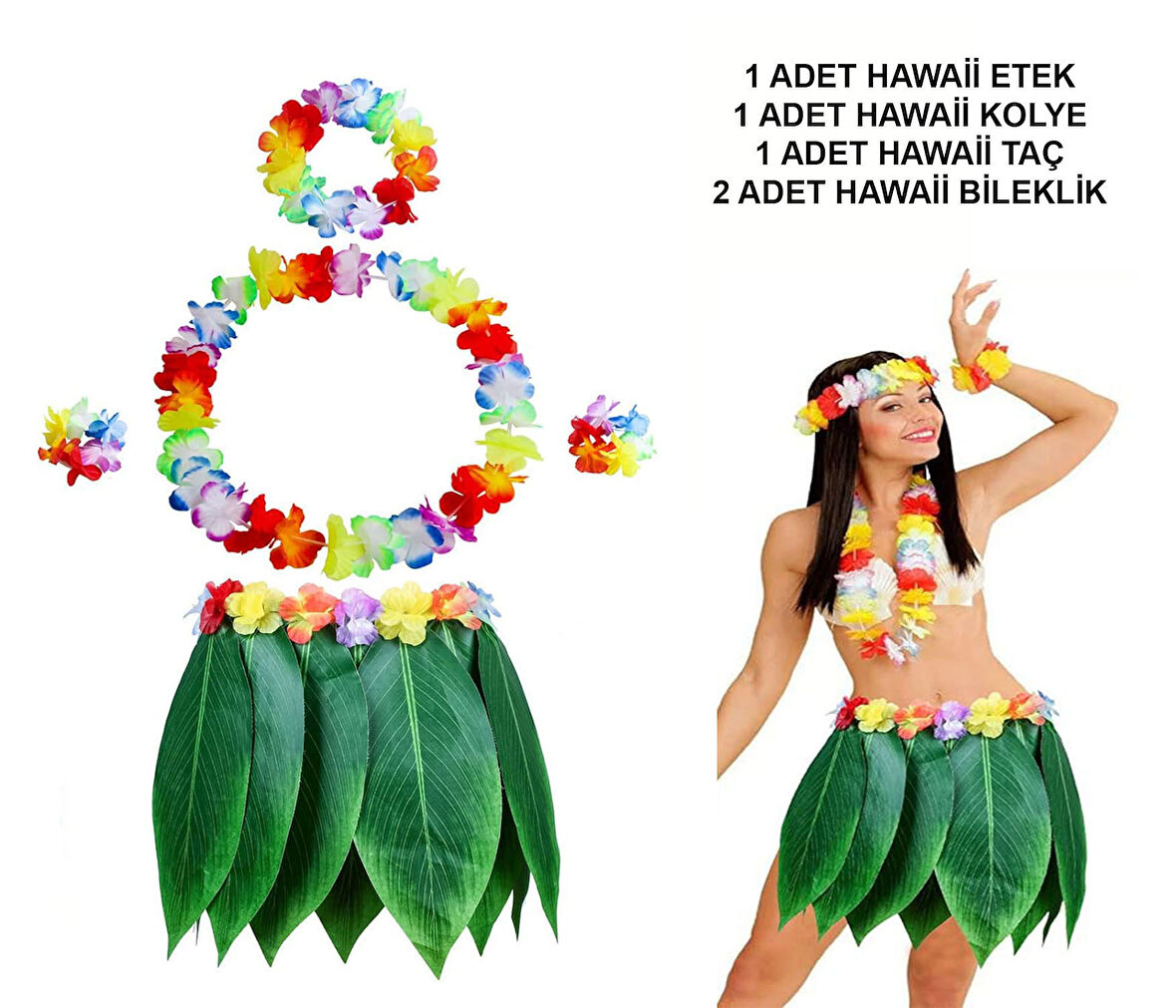 Yetişkin Hawaii Kostüm Seti - Yaprak Etek Hawaii Set - 5 Parça