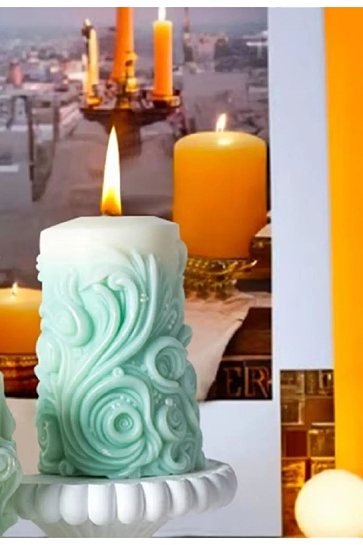 dekoratif silindir mum silikon kalıbı oymalı silindir mum silikon kalıbı