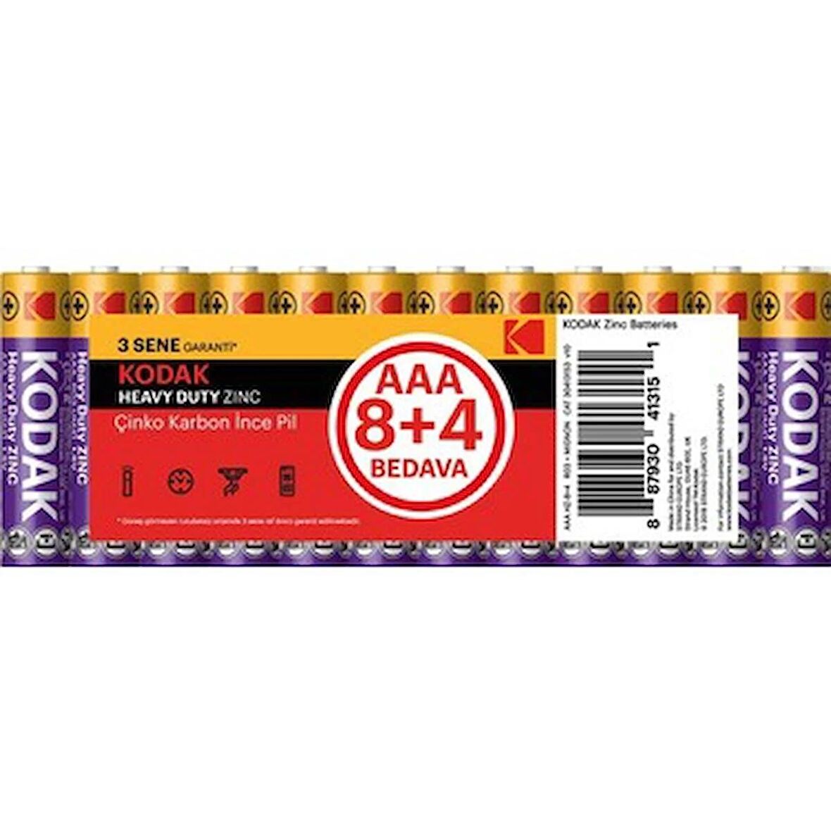 Kodak Kaahz-8 +4 Çinko Karbon İnce Pil 3 Paket