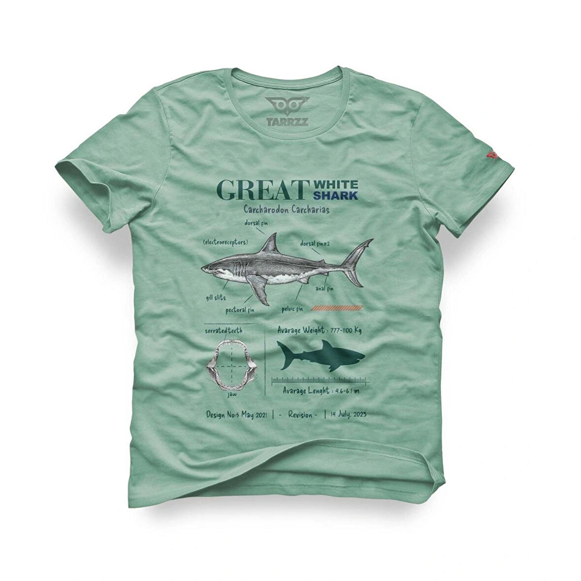 Tarrzz Anatomy Great White Shark  Tasarım Tişört Sanatsal Baskılı Tişört %100 Pamuklu Yeşil Bisiklet Yaka Kısa Kollu Tasarım Tshirt