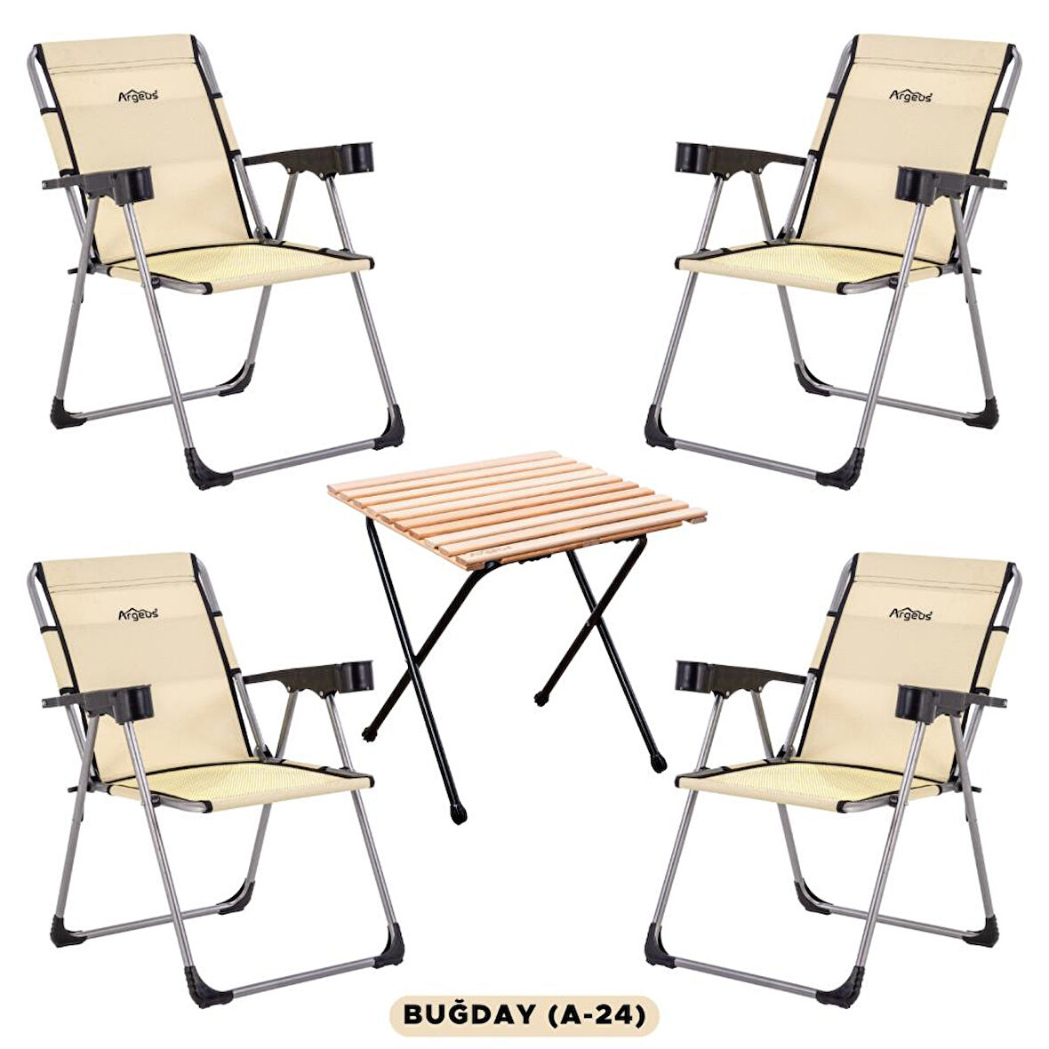 4 Adet Katlanır Kamp Sandalyesi ve Masa Seti - Rock - Buğday - Bardaklıklı - 140 KG