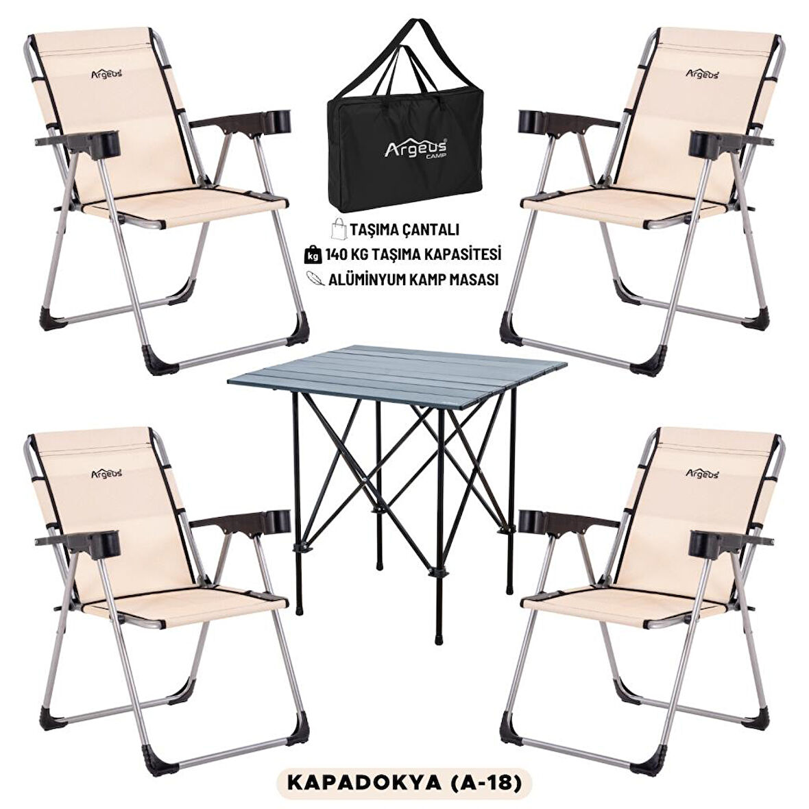 4 Adet Katlanır Kamp Sandalyesi ve Alüminyum Masa Seti - Rock Dark - Kapadokya - Taşıma Çantalı