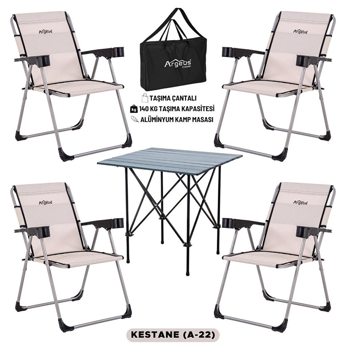 4 Adet Katlanır Kamp Sandalyesi ve Alüminyum Masa Seti - Rock Dark - Kestane - Taşıma Çantalı