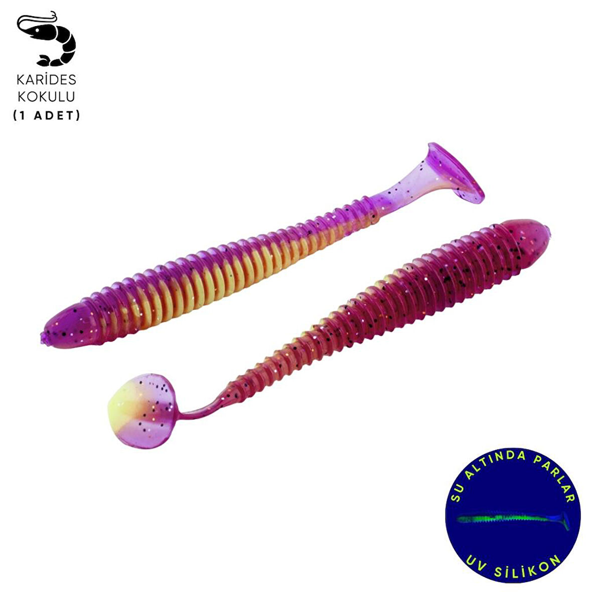 Silikon Kurt Yem - 4,2g 105mm - Turna/Levrek Silikonu - 1 Adet - Mor/Yeşil - Karides Kokulu