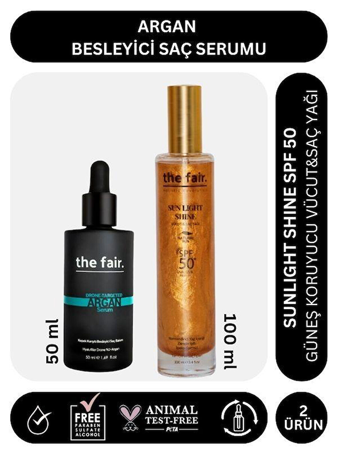 the fair. Argan Besleyici Saç Serumu 50 ml ve  Sunlight Shine SPF 50 Güneş Koruyucu Saç Yağı 100 ml 