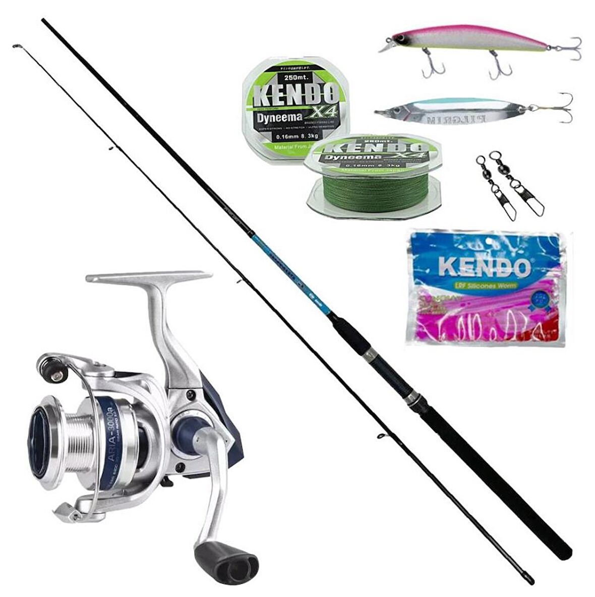 Okuma ARIA-C4000a Painting Silver 1BB Olta Makinesi-Okuma G-Power Spin 9' 270cm 7-35 gr 2 Parça Spin Kamışı-Kendo Seabass Minnow 12.5cm 21g Floating Suni Yem-Hansen Pilgrim 8.9cm 28g Kaşık