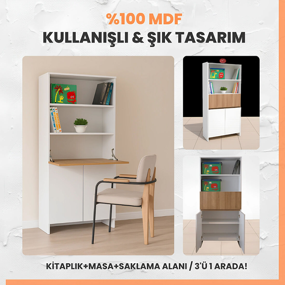 Kitaplıklı ve Açılabilir Çalışma Masalı Çok Amaçlı Ünite | %100 MDF | Yerli Üretim | Fonksiyonel Çocuk ve Genç Odası Tasarımı