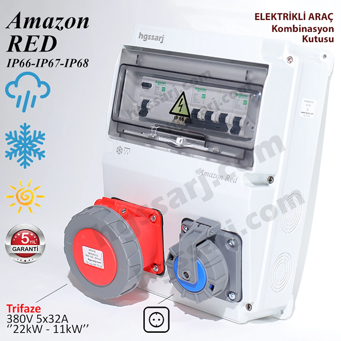 Amazon RED, IP66-IP67-IP68, Trifaze Elektrikli Araç Kombinasyon Kutusu, 5x32A + 1x16A -Sigorta Markası Seçeneği - 5 Yıl Garanti