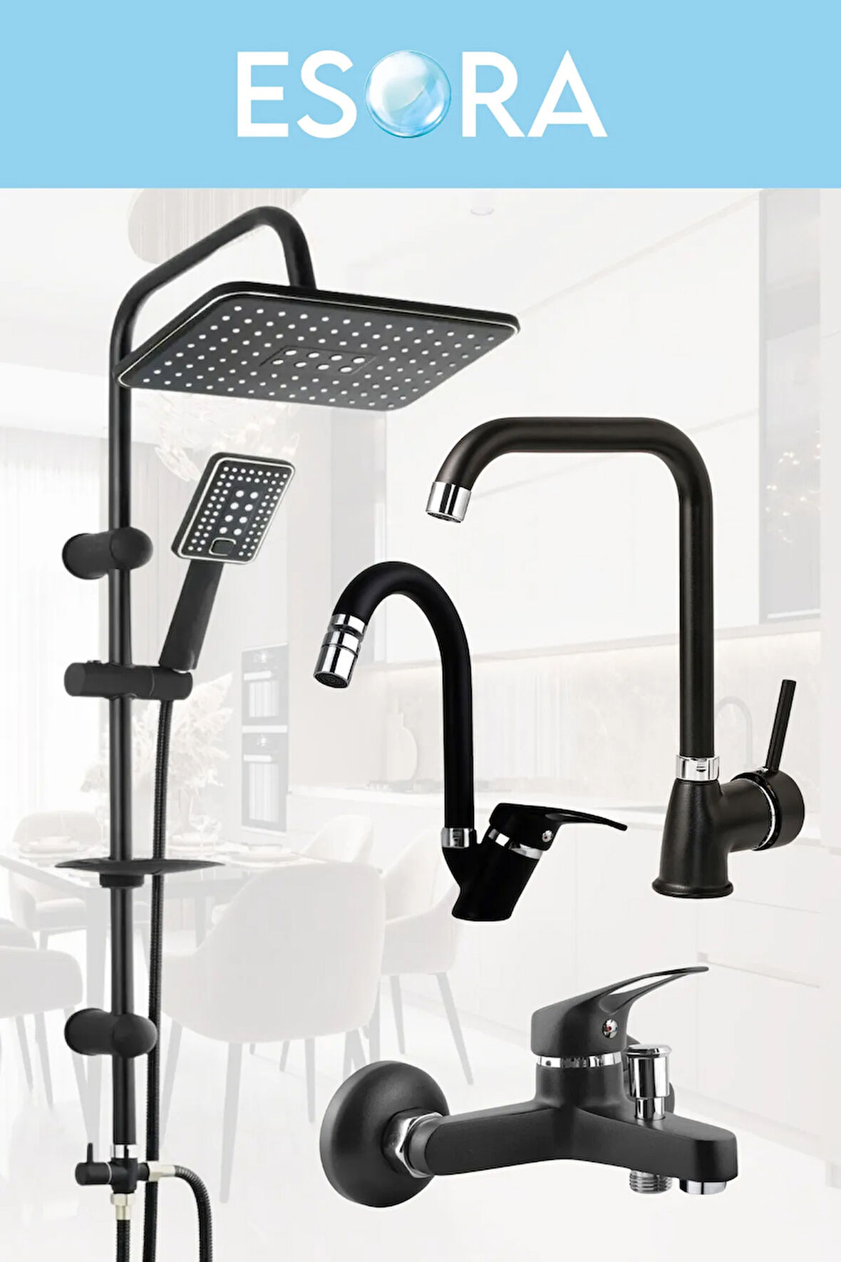 Siyah Robot Duş Set Köşe Borulu Eviye, Baston Borulu Lavabo ve Banyo Bataryası 4lü Set