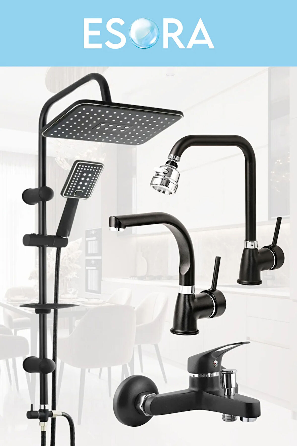 Siyah Robot Duş Set Köşe Borulu Oynar Başlıklı Eviye Balık Sırtı Lavabo ve Banyo Bataryası 4lü Set