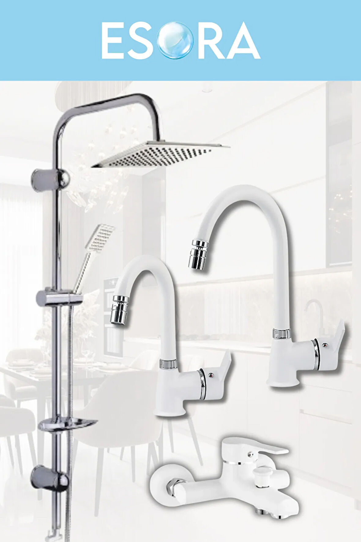 Krom Dubai Robot Duş Seti , Beyaz Delta Eviye , Lavabo , Banyo Bataryası 4’lü Set