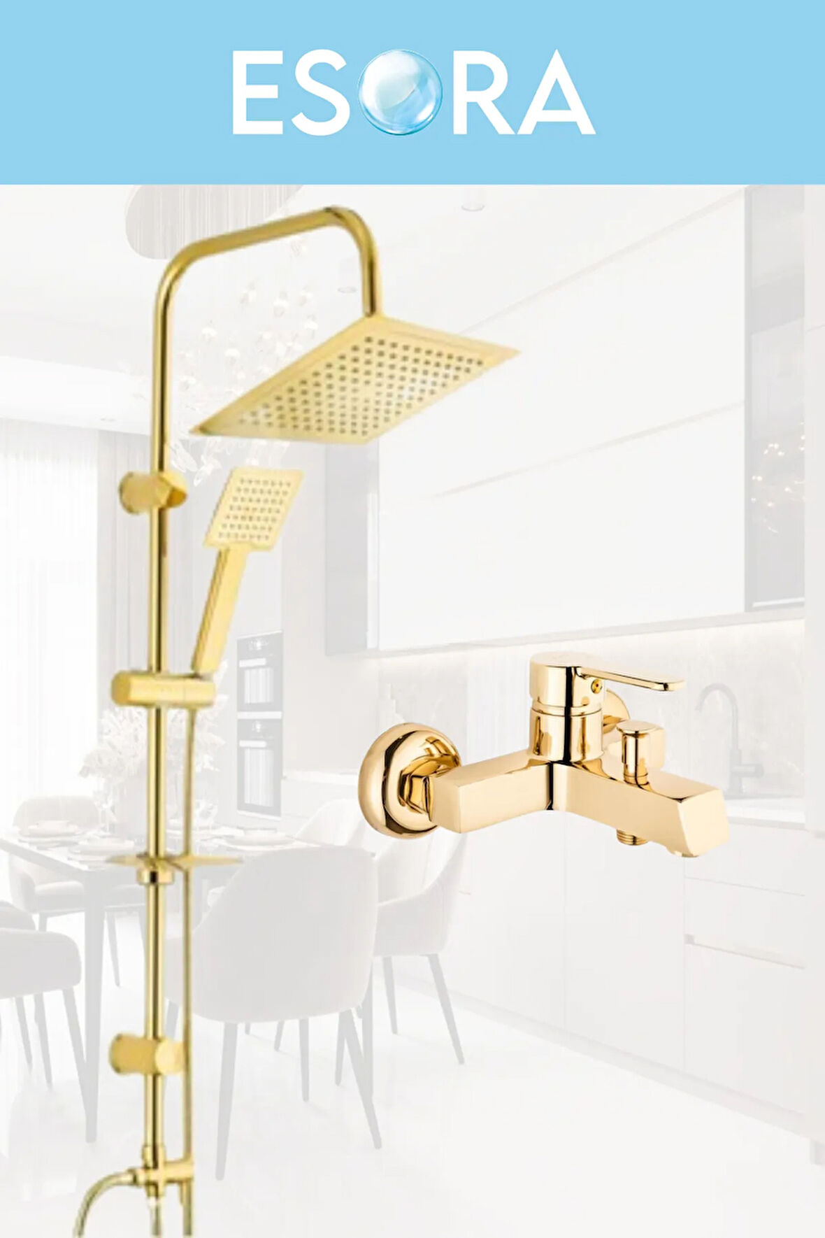 Gold Kare Robot Duş Seti, Kare Banyo Bataryası Musluğu 2'li Set
