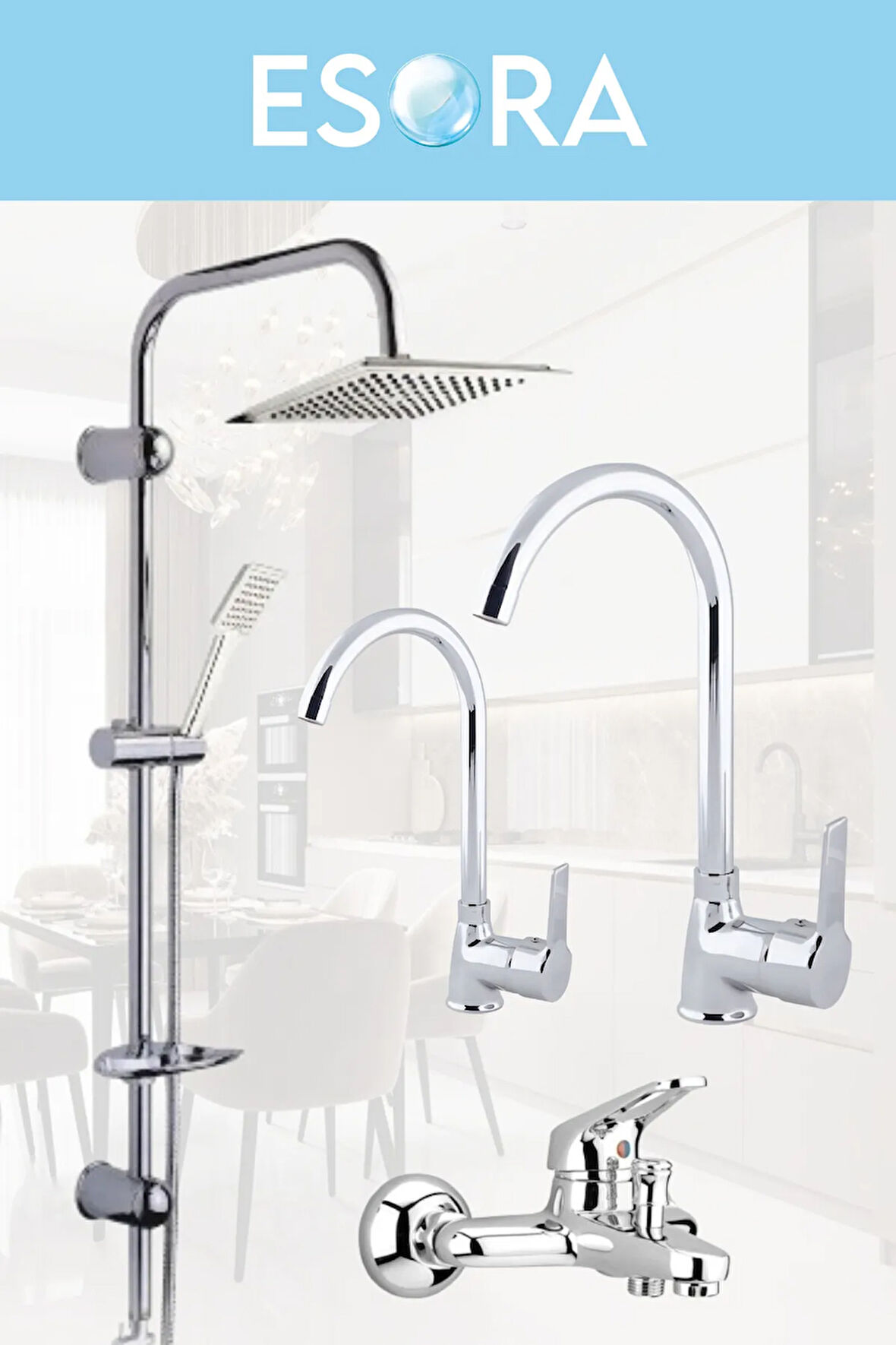 Krom Dubai Robot Duş Seti , Krom Delta Eviye , Lavabo , Banyo Bataryası 4’lü Set