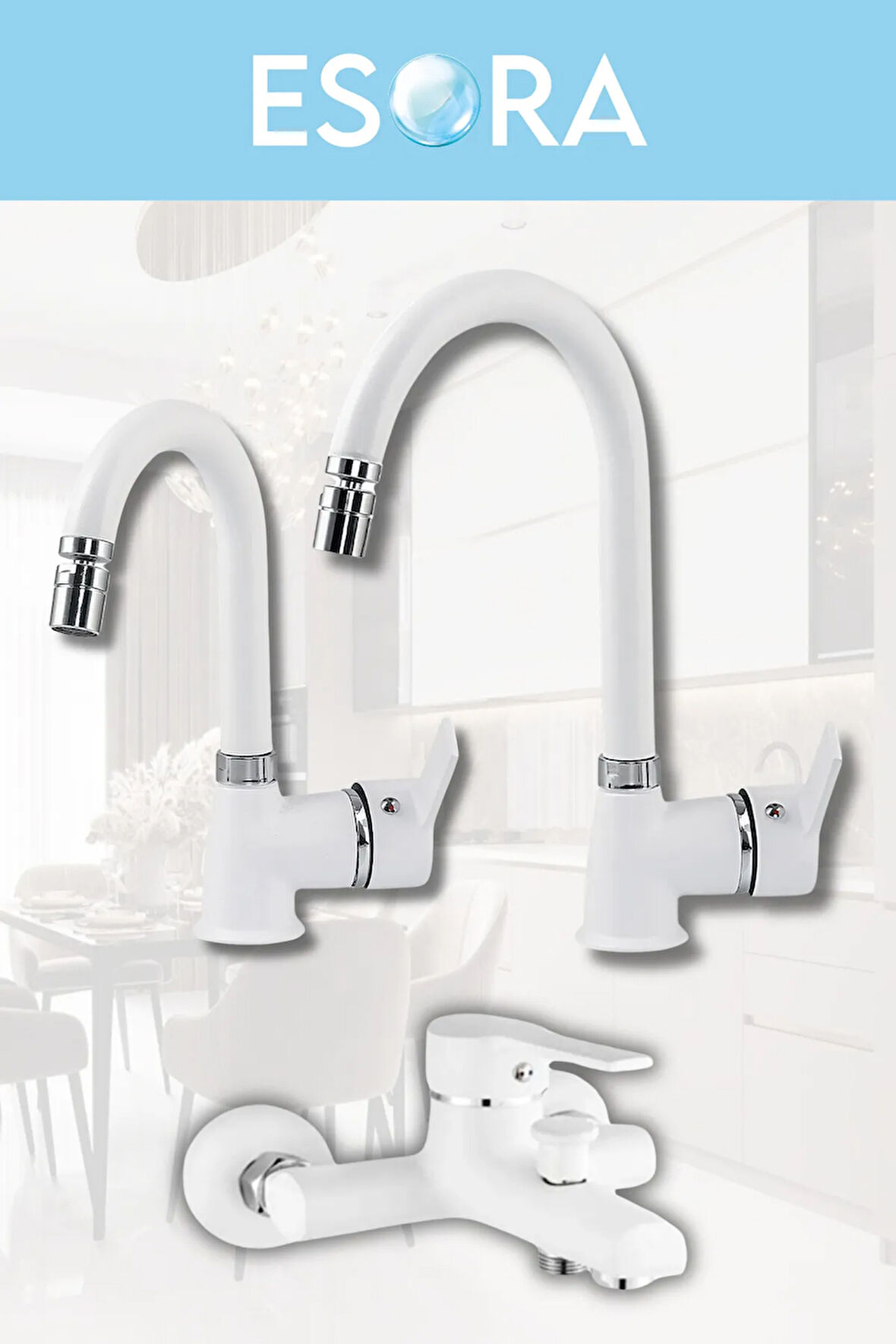 Beyaz Krom Baston Borulu Eviye Mutfak , Lavabo , Banyo Bataryası 3'lü Set