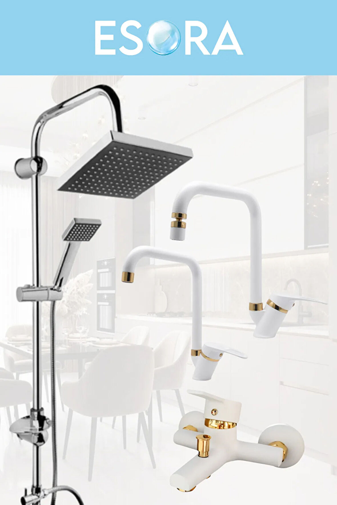 Krom Siyah Robot Duş Seti , Beyaz Gold Köşe Borulu Eviye , Lavabo , Banyo Bataryası 4’lü Set