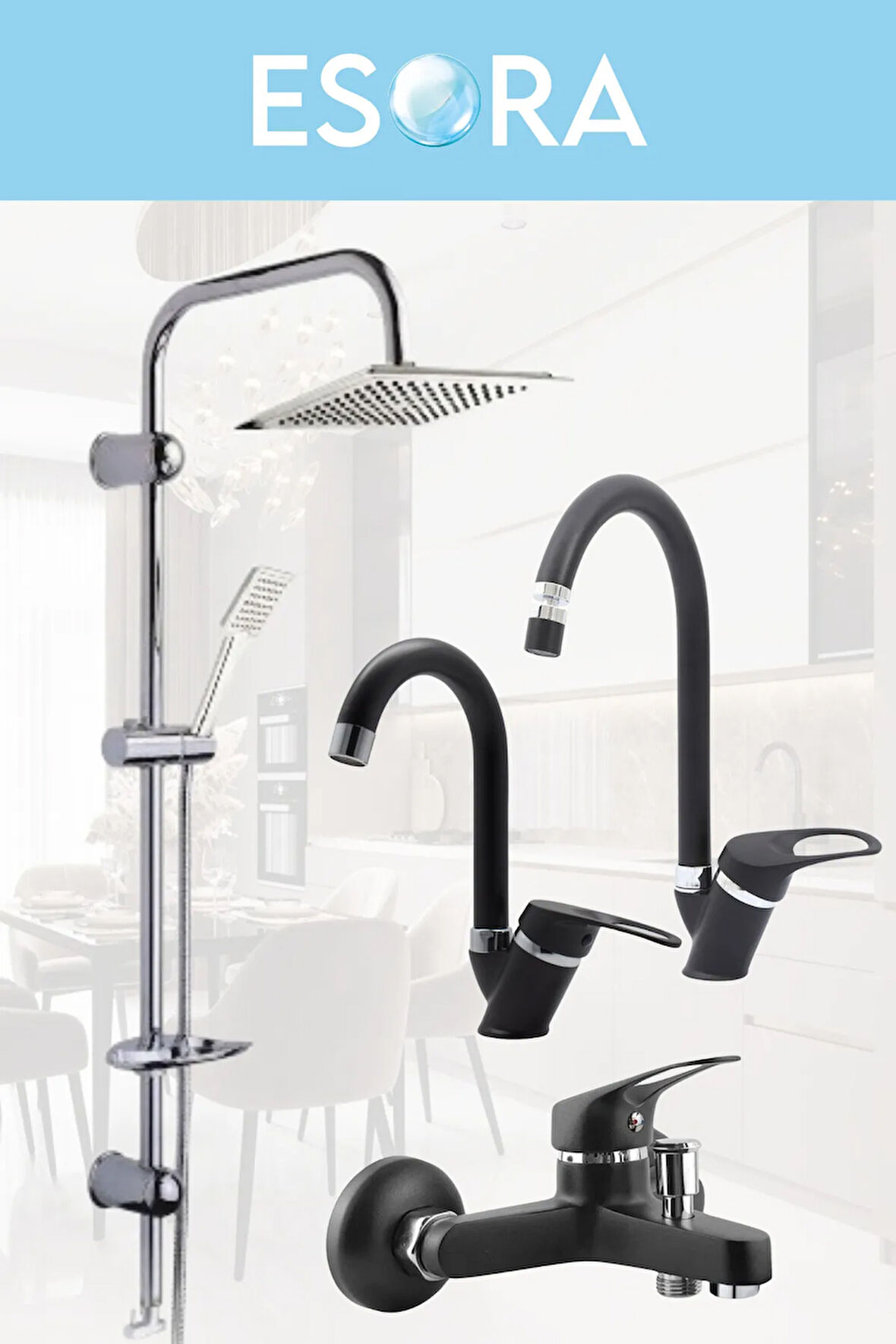 Krom Dubai Robot Duş Seti , Siyah Krom Mix Eviye , Lavabo , Banyo Bataryası 4’lü Set