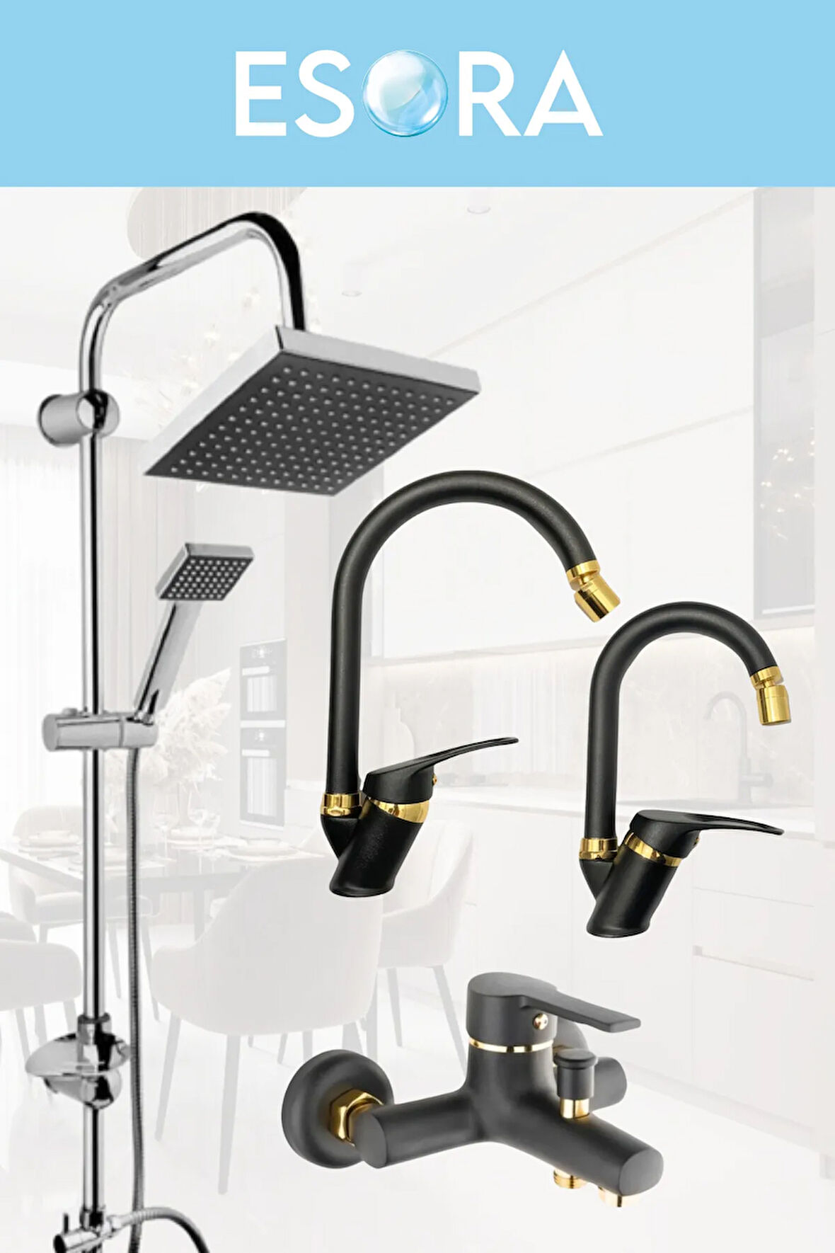 Krom Siyah Robot Duş Seti , Siyah Gold Oynar Uçlu Eviye , Lavabo , Banyo Bataryası 4’lü Set