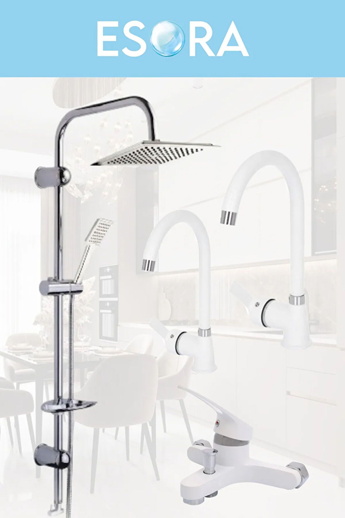 Krom Dubai Robot Duş Seti , Beyaz Krom Delta Eviye , Lavabo , Banyo Bataryası 4’lü Set