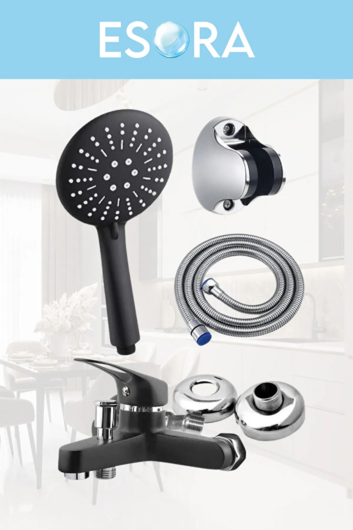 SİYAH BANYO BATARYASI DUŞ BAŞLIĞI HORTUMU VE MAFSALI SET