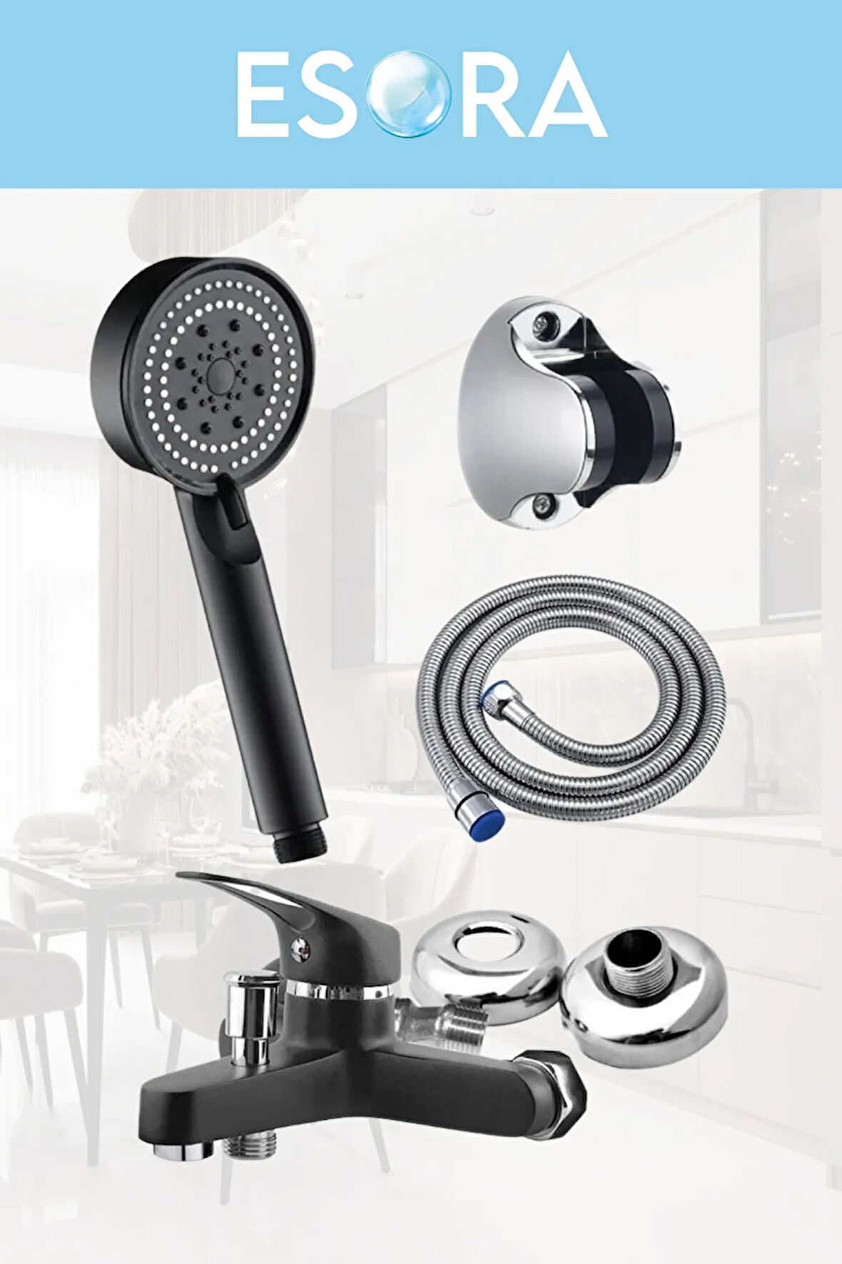 SİYAH BANYO BATARYASI DUŞ BAŞLIĞI HORTUMU VE MAFSALI SET