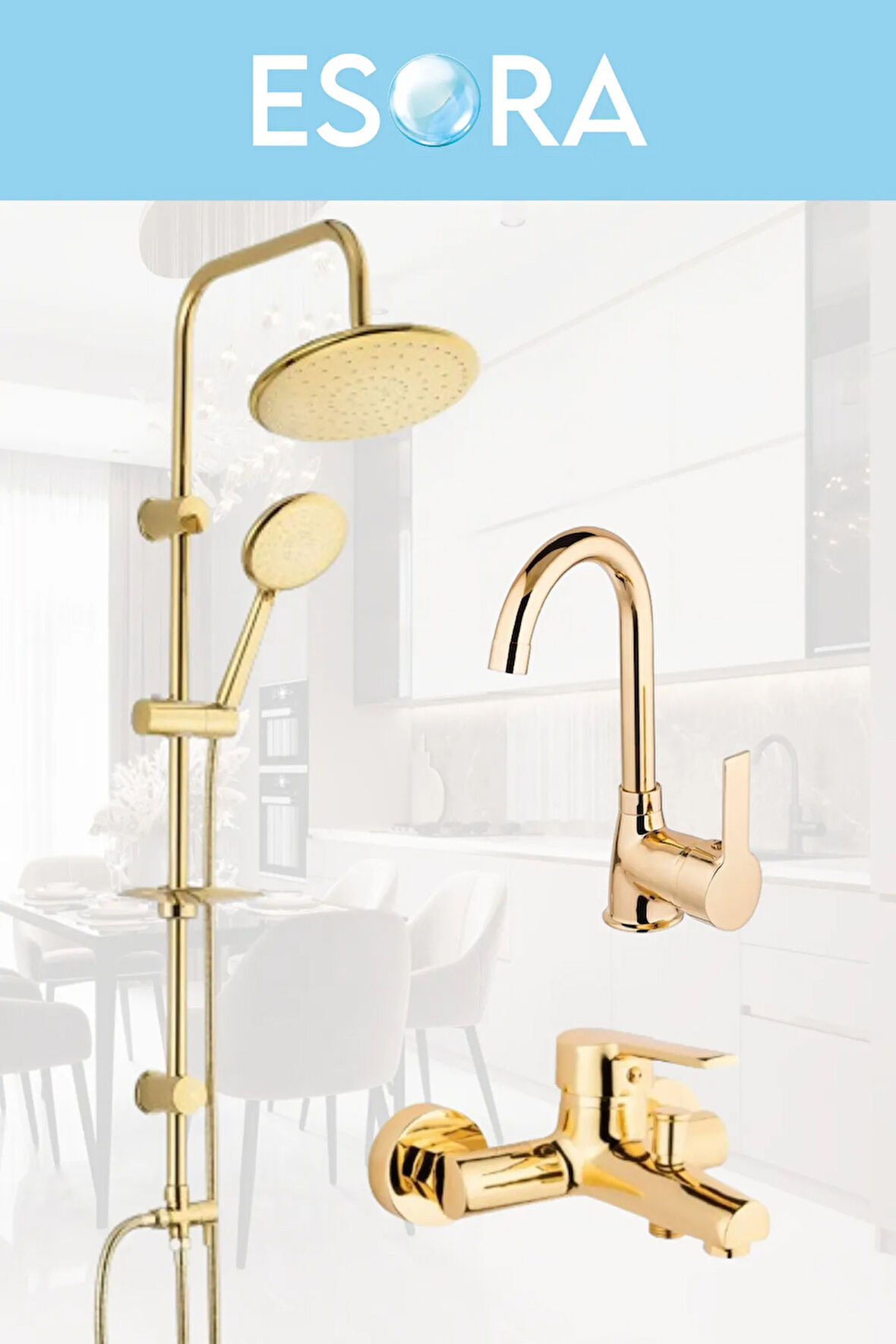 Gold Yuvarlak Robot Duş Seti , Lavabo , Banyo Bataryası 3’lü Set