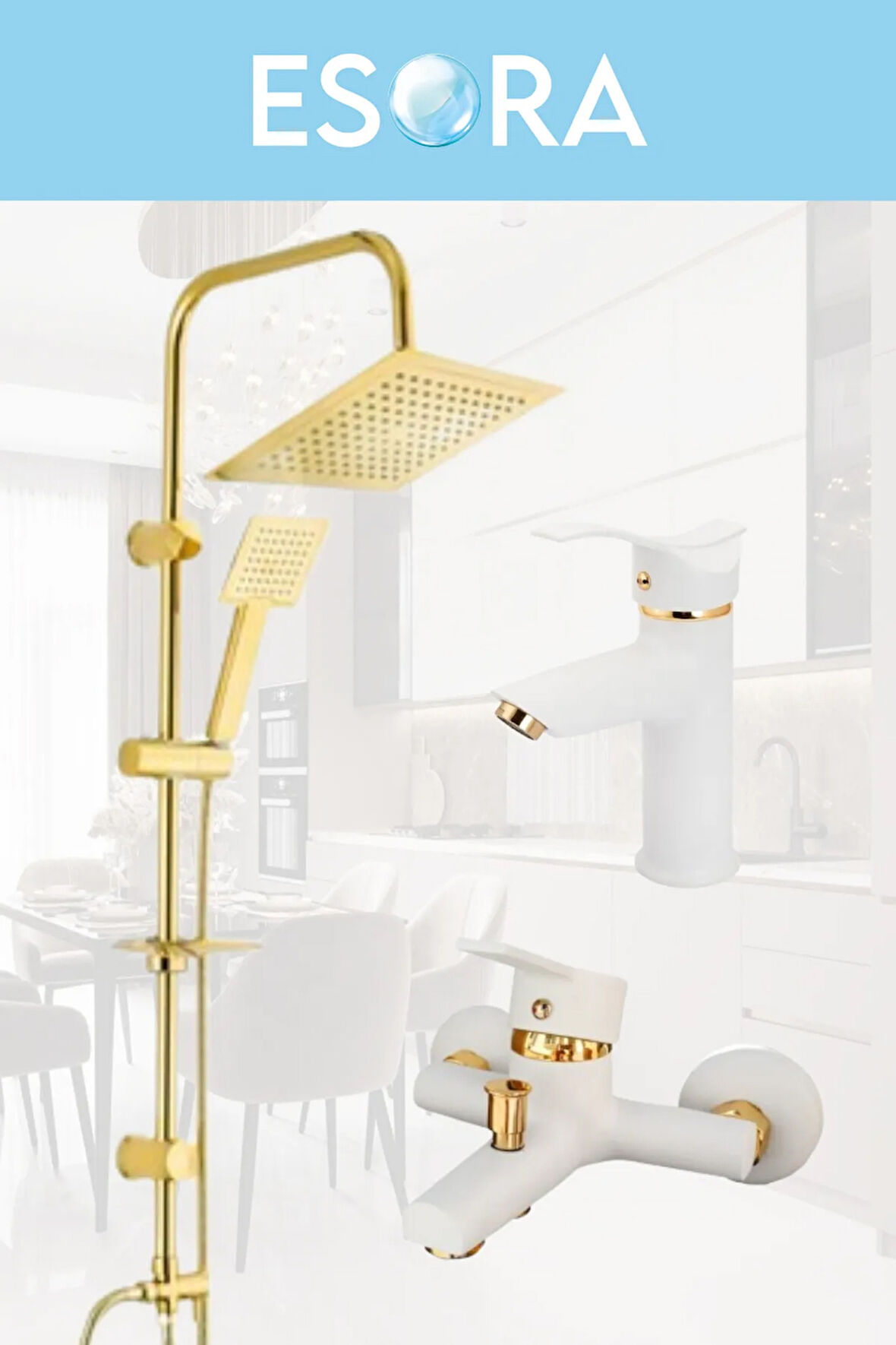 Gold Kare Robot Duş Seti , Beyaz Gold Sabit Lavabo , Banyo Bataryası 3’lü Set