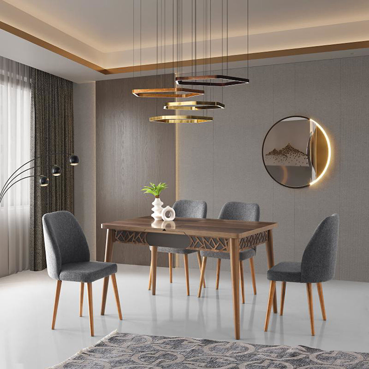 ARMİN MASA + MERİDA SANDALYE TAKIMI, HALİÇ CEVİZ, ANTRASİT, 130x80