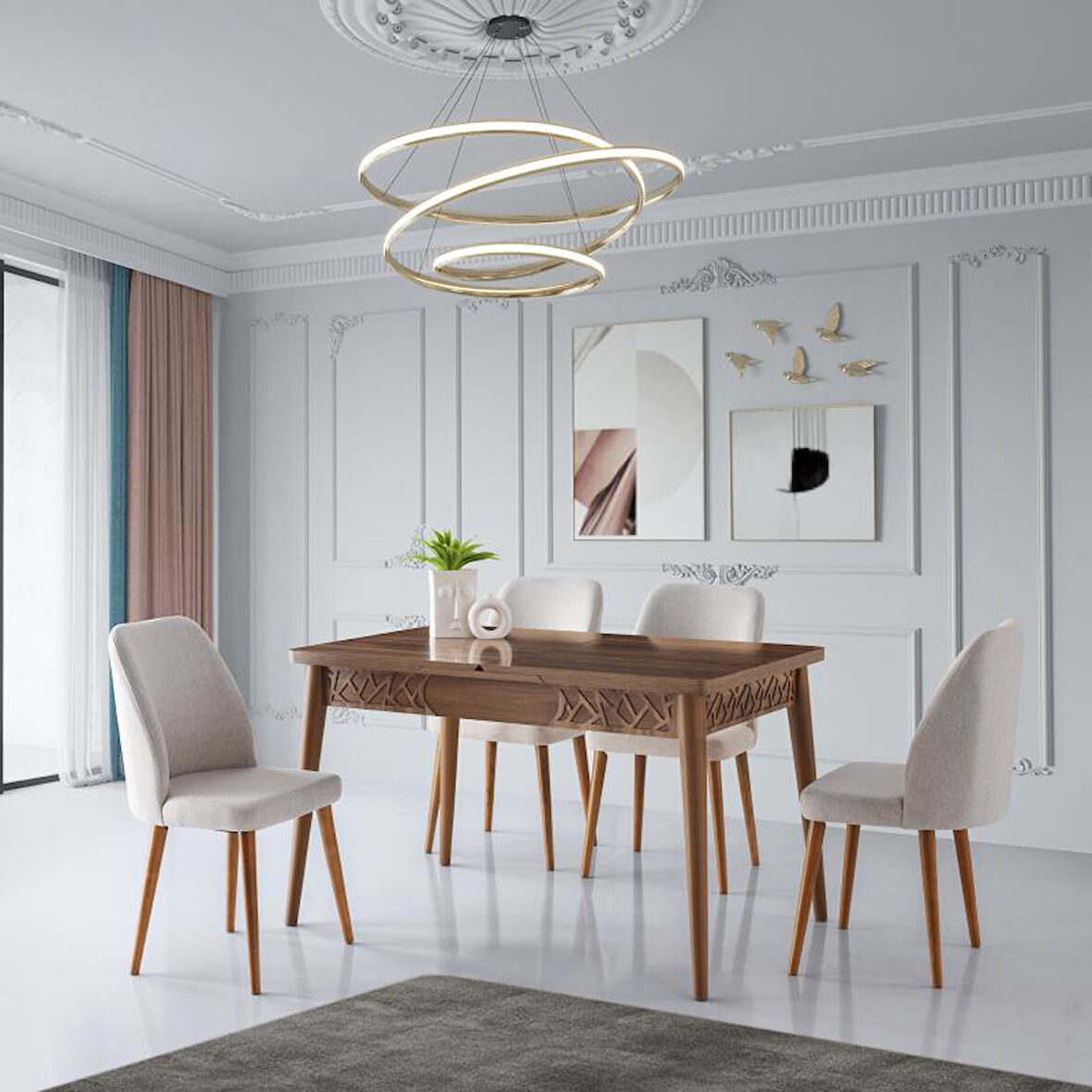 ARMİN MASA + MERİDA SANDALYE TAKIMI, HALİÇ CEVİZ, 130x80